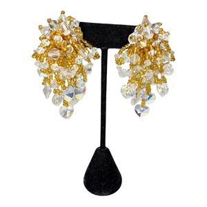 Vintage LOIS ANN Gold & Clear Crystal Cluster Chandelier Clip On Earrings